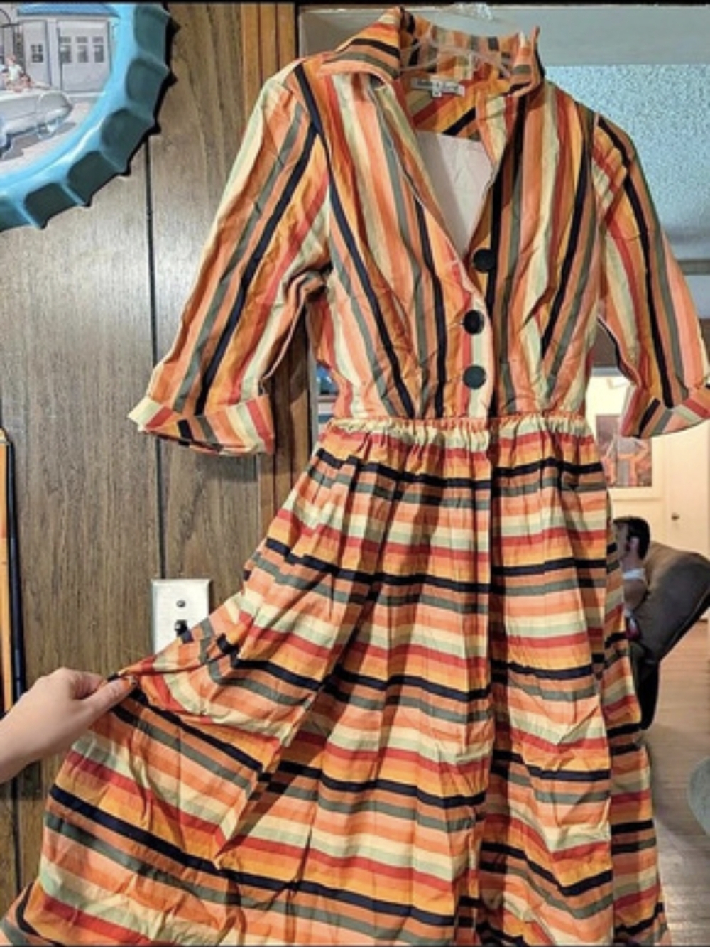 Tatyana Boutique Tailor & Twirl Striped Midi Dress in Orange & Green